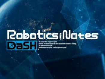 Robotics;Notes DaSH title screen with blue geometric background and quote text