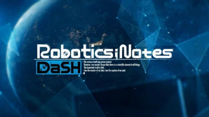 Robotics;Notes DaSH title screen with blue geometric background and quote text