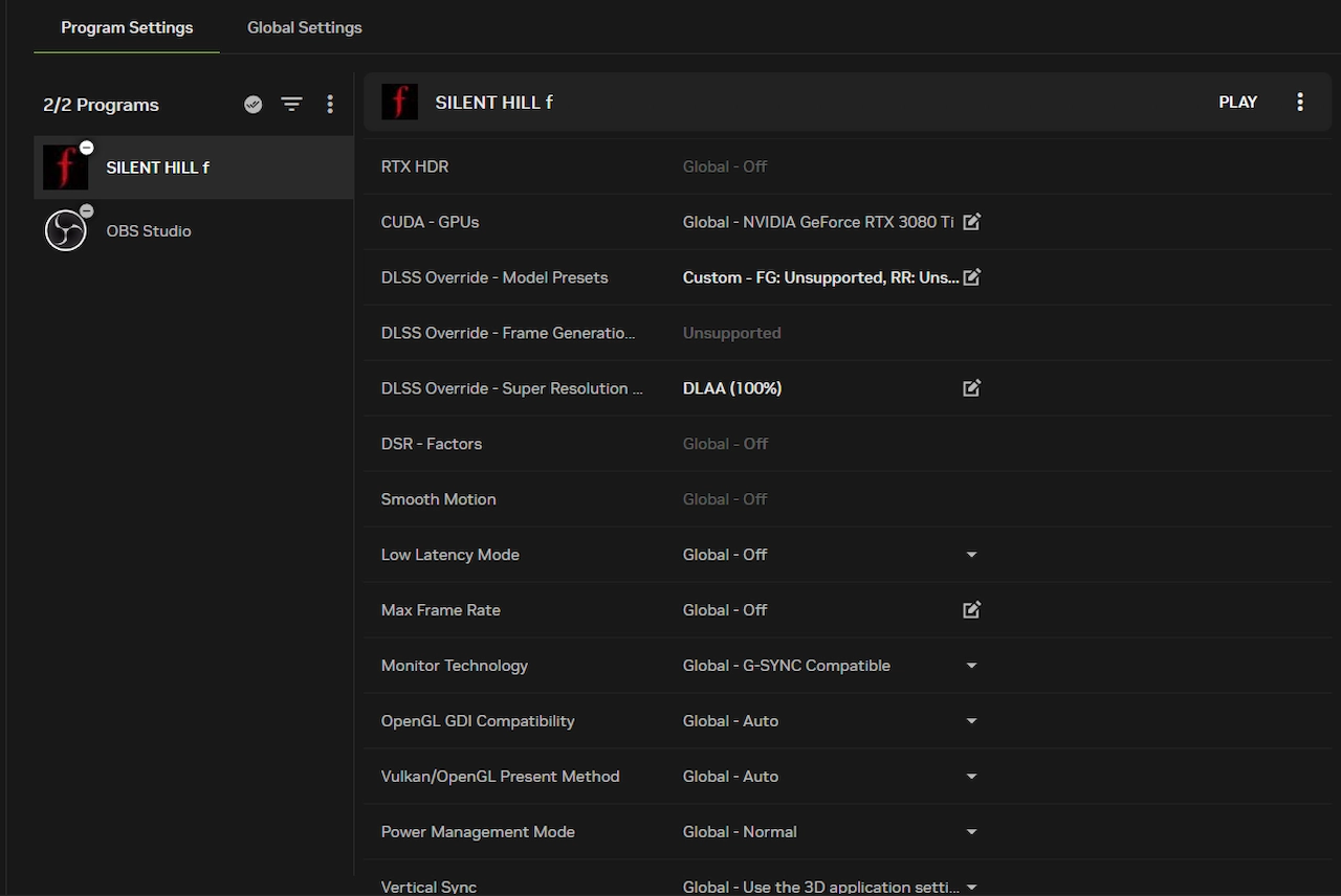 Screenshot of the Nvidia App Program Settings panel with DLSS Override, Preset K, and DLAA visible.