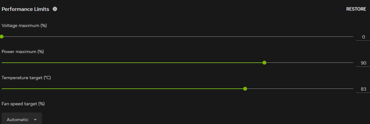 Nvidia App performance panel with power limit at 90%