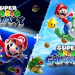 Super Mario Galaxy and Super Mario Galaxy 2 key art showing both games’ logos and backgrounds with Mario in the foreground.