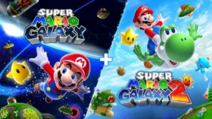Super Mario Galaxy and Super Mario Galaxy 2 key art showing both games’ logos and backgrounds with Mario in the foreground.