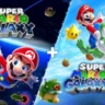 Super Mario Galaxy and Super Mario Galaxy 2 key art showing both games’ logos and backgrounds with Mario in the foreground.
