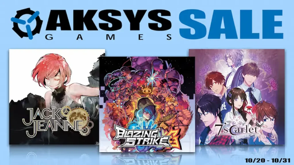 Promotional banner for the Aksys Games sale from 10/20 to 10/31, featuring the video games Jack Jeanne, Blazing Strike, and 7's Scarlet.