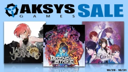 Promotional banner for the Aksys Games sale from 10/20 to 10/31, featuring the video games Jack Jeanne, Blazing Strike, and 7's Scarlet.