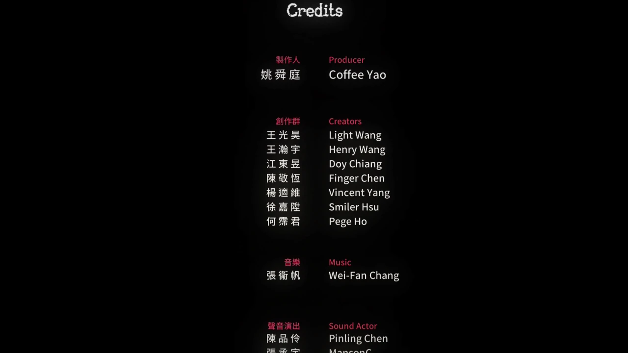 Game clear credits in Detention with Taiwanese text on the left and English translation on the right used in our Detention Switch review.