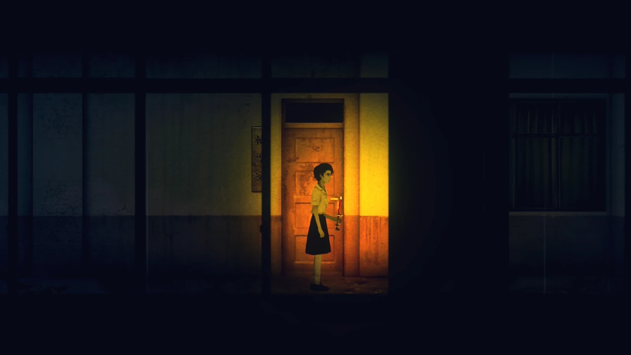 Ray walks through a dimly lit room in Detention, her lantern casting light along the 2.5D side-scrolling path.