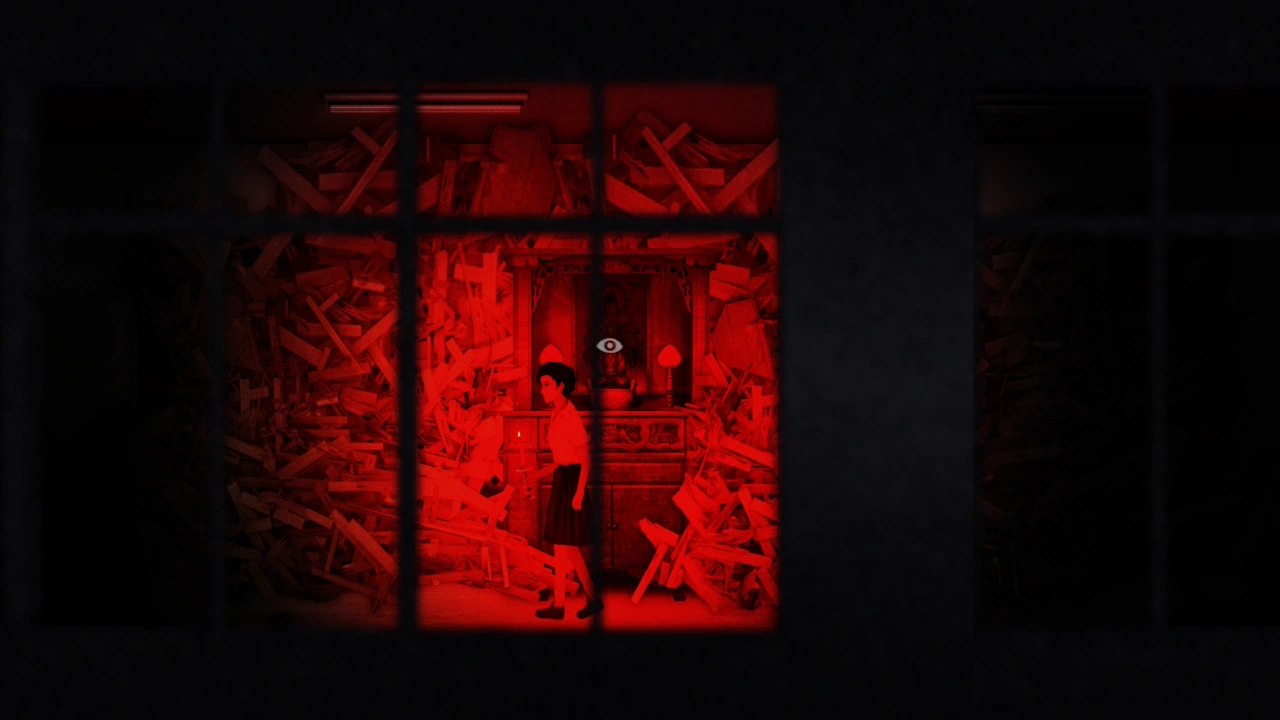 Ray in a room filled with desk legs and bathed in a massive, eerie red light, showcasing Detention’s art style