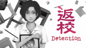 Cover art for Detention showing Ray beside a desk with the game’s title logo.