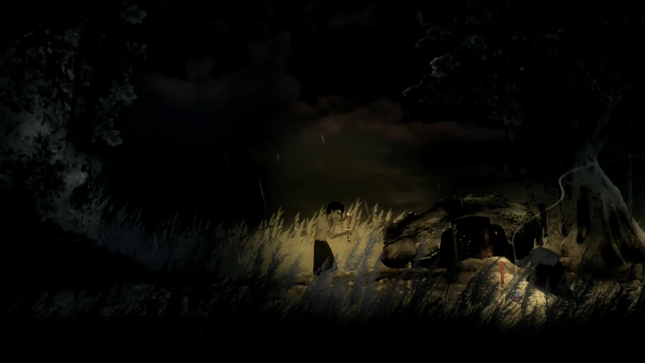 Character using a food offering outdoors at night in Detention.
