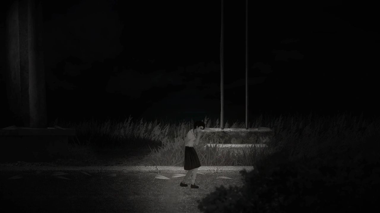 Ray holding her breath in Detention to avoid detection by a ghost in a stark black-and-white area.