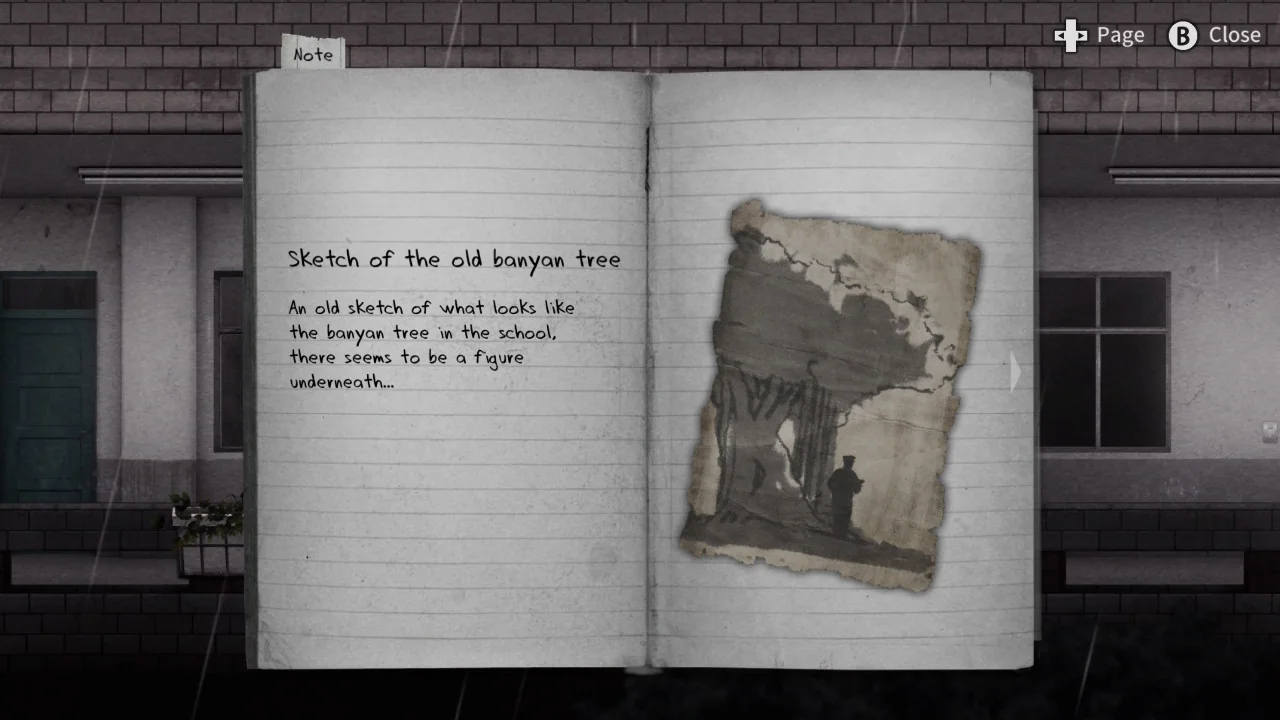 Notebook page in Detention showing a sketch of the old banyan tree with handwritten clues and notes