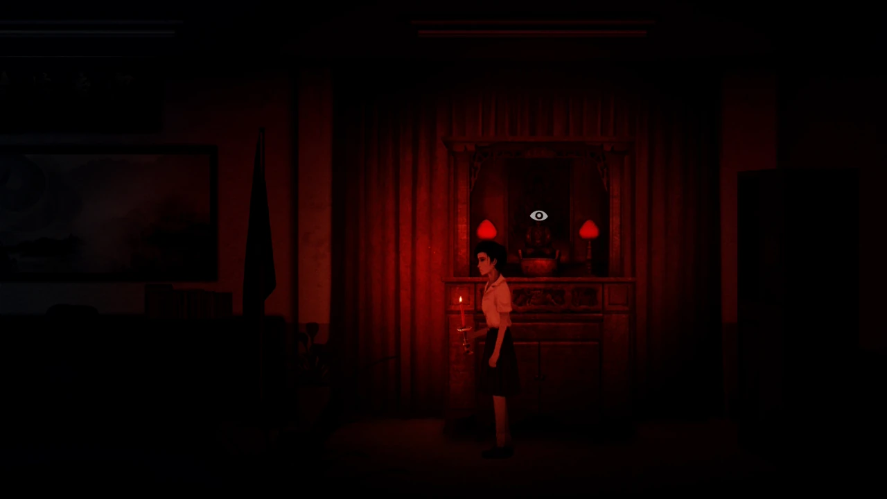 Ray stands in a dark room illuminated by a glowing red Save Shrine lantern.