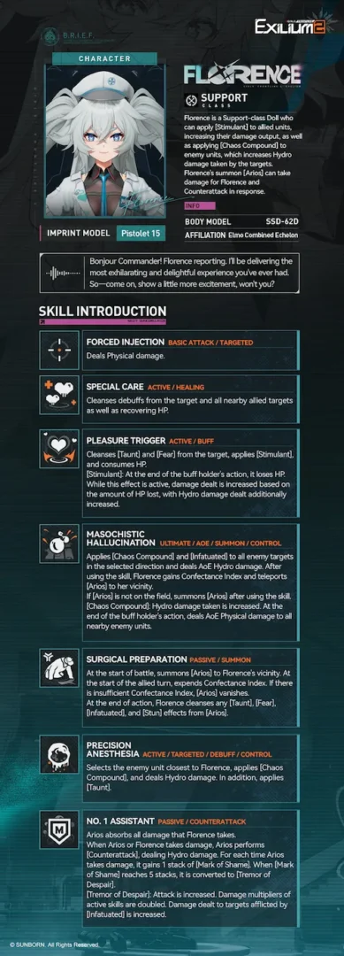 Technical skill breakdown for Hydro healing and Arios summon mechanics in the Florence GFL2 guide.