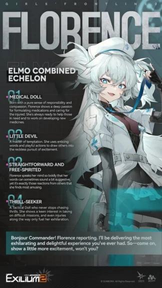 Florence character introduction with details and stats, alongside her portrait.