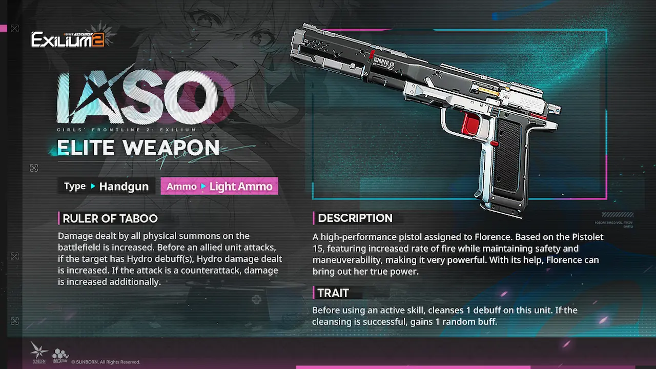 Florence’s Signature Weapon Iaso, showing stats, effects, and description in Girls’ Frontline 2.