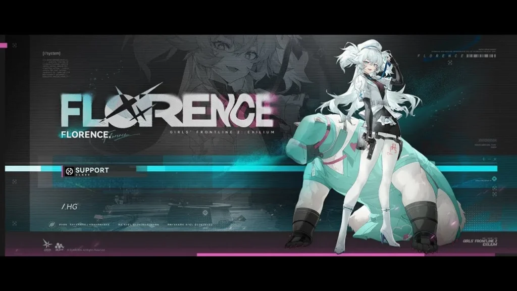 Florence character artwork in Girls’ Frontline 2 Exilium showing support unit with medical equipment
