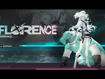 Florence stands with her bear companion beside her, with her name displayed above; hydro effects highlight her support abilities.