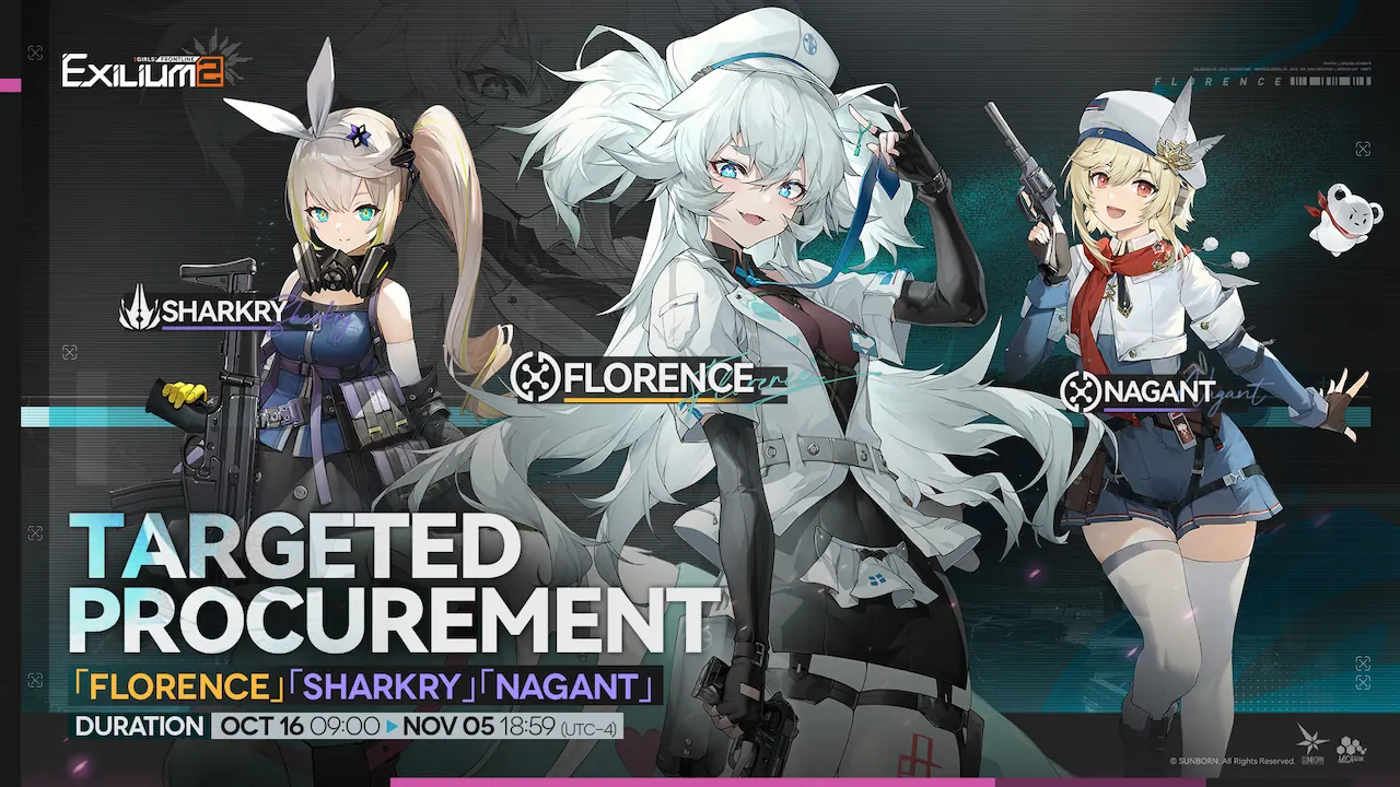 Targeted Procurement banner featuring Florence, Sharkry, and Nagant, available October 16 – November 5 in Girls’ Frontline 2.