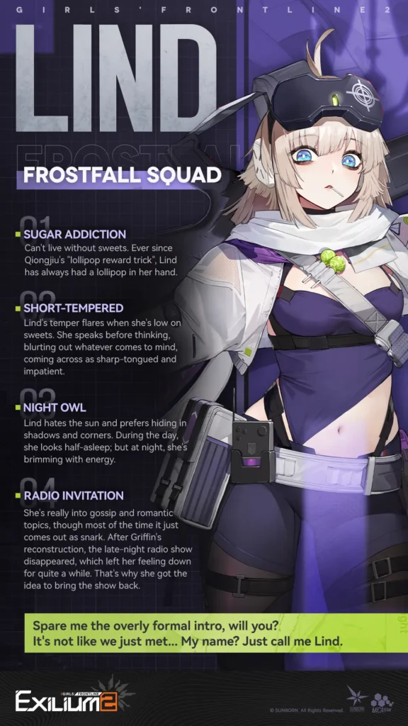 Lind character introduction card in Girls’ Frontline 2 showing her Frostfall Squad role and sugar habit.
