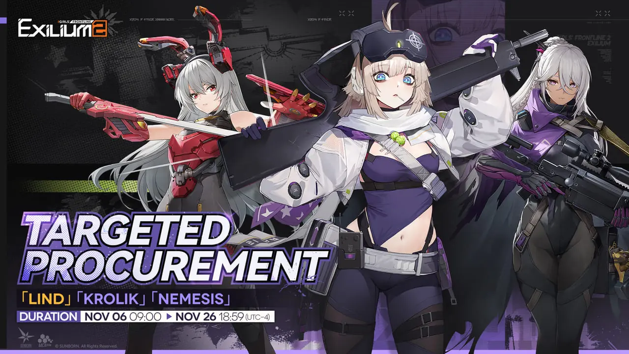 Girls’ Frontline 2 banner featuring Lind, Krolik, and Nemesis with event dates from November 6 to November 26, 2025.