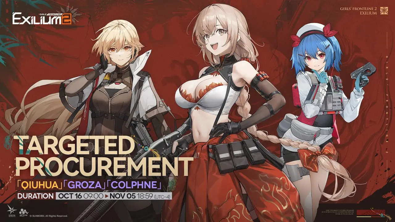 Rerun Targeted Procurement banner featuring Qiuhua, Groza, and Colphne, available October 16 – November 5 in Girls’ Frontline 2.