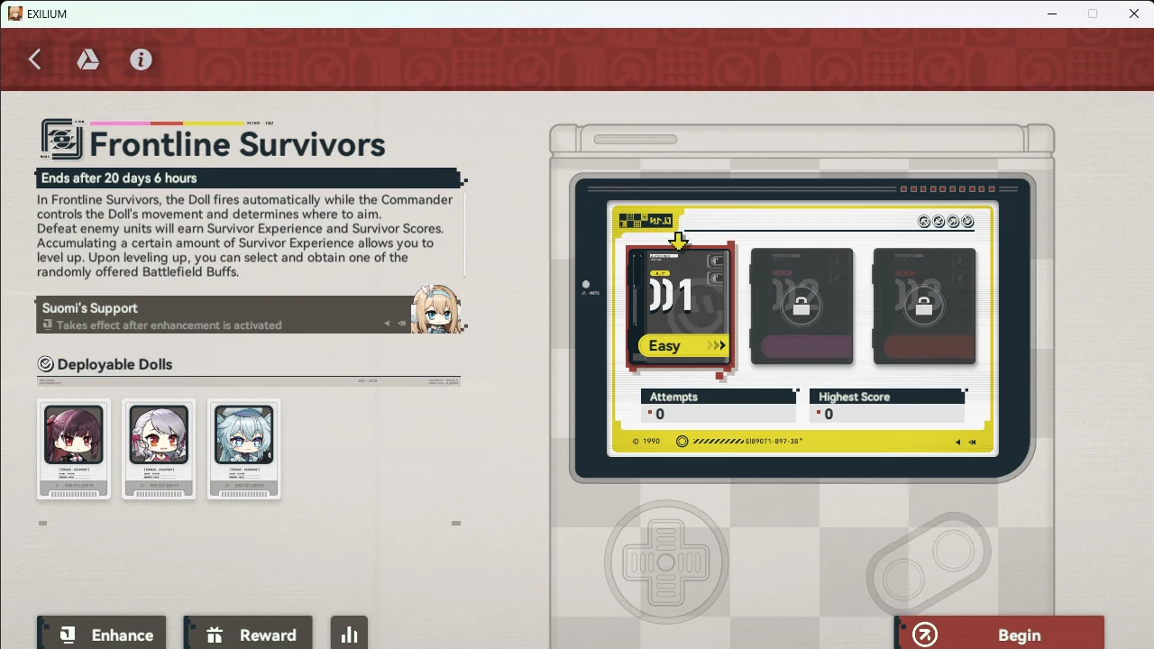 Frontline Survivors screen from Girls’ Frontline 2: Thriller Wonderland featuring Makiatto, Sabrina, and Florence with enhance, reward, and stat options visible