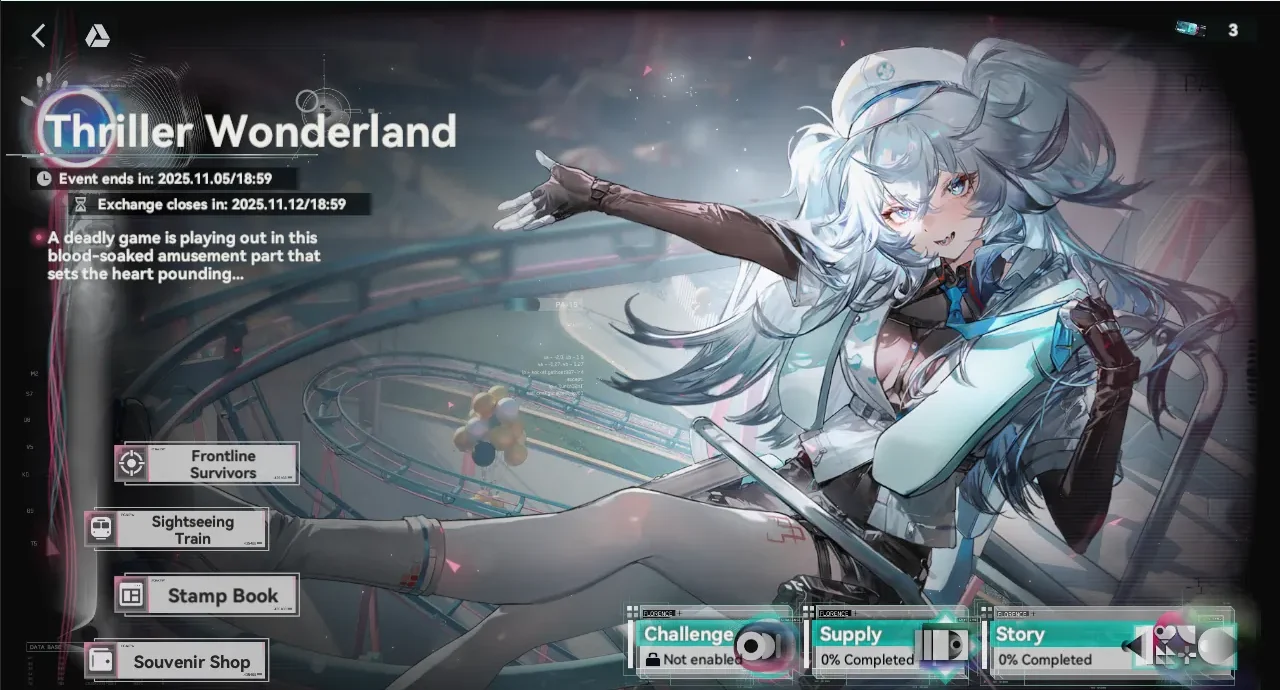 Girls' Frontline 2 Exilium Thriller Wonderland main page, showing event shop, challenges, and Florence.