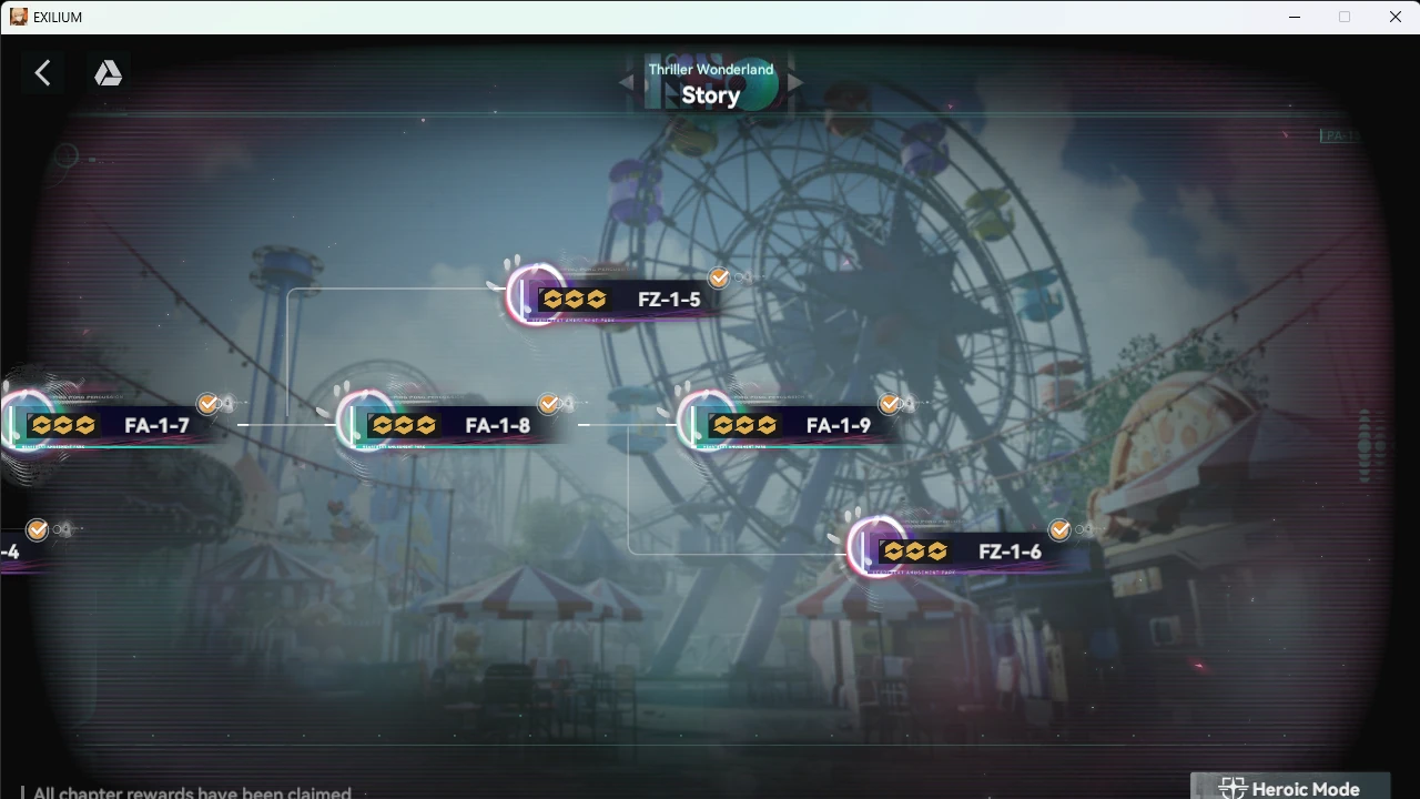 Story Missions screen from Girls’ Frontline 2: Thriller Wonderland showing nine main missions and six extra objectives with bonus rewards for full completion