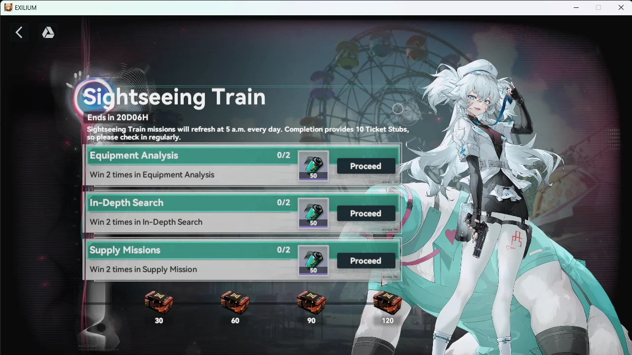 Sightseeing Train daily objectives screen in Girls’ Frontline 2: Thriller Wonderland showing Florence and event rewards including ticket stubs and cubes