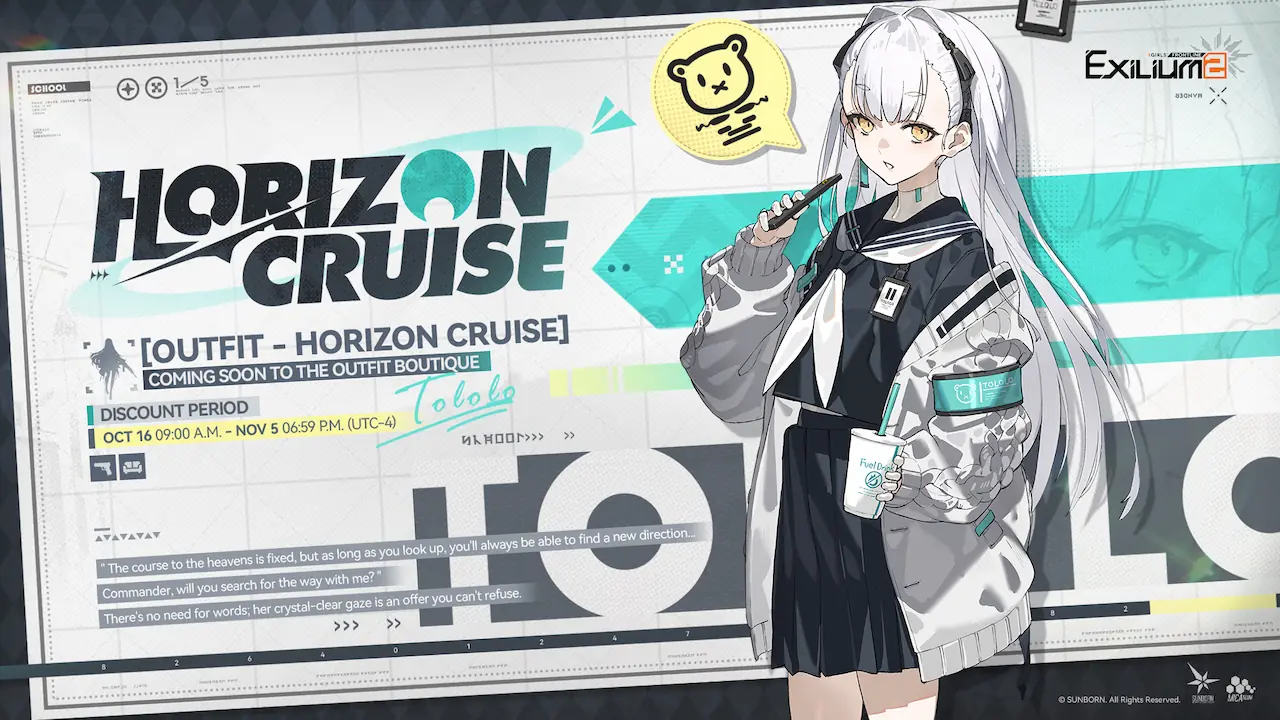Tololo wearing her Horizon Cruise outfit, available October 16 – November 5 in Girls’ Frontline 2.