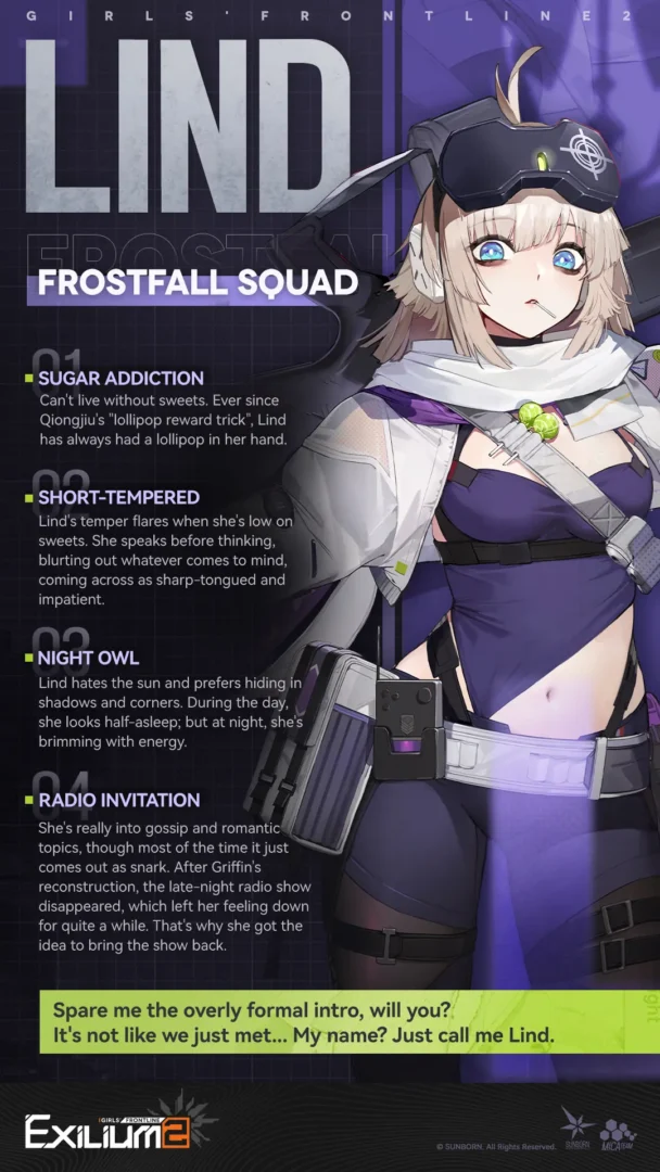Detailed Lind (AA-12) character profile and Frostfall Squad traits from our Lind GFL2 guide.
