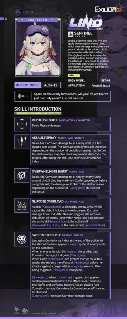 Technical skill breakdown for Lind (AA-12) detailing Corrosion damage and Honeytrap stacks in the Lind GFL2 guide.