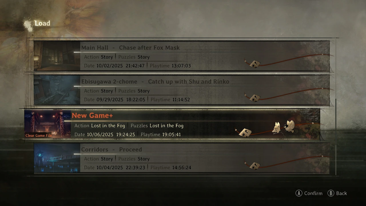 Clear save file highlighted showing 19 hours 5 minutes 41 seconds playtime on Lost in the Fog difficulty with three endings completed.