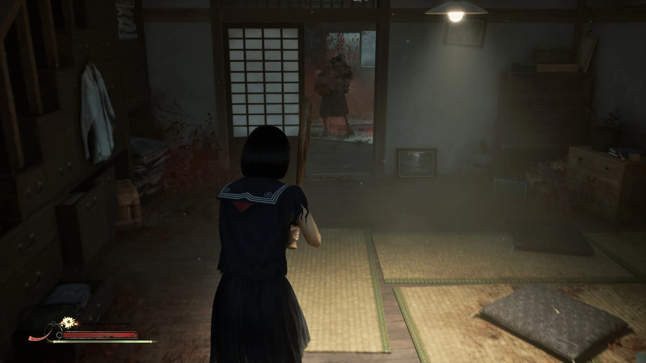 Hinako holding a baseball bat with low durability shown on the UI, standing in a dim room facing an enemy through an open sliding door.