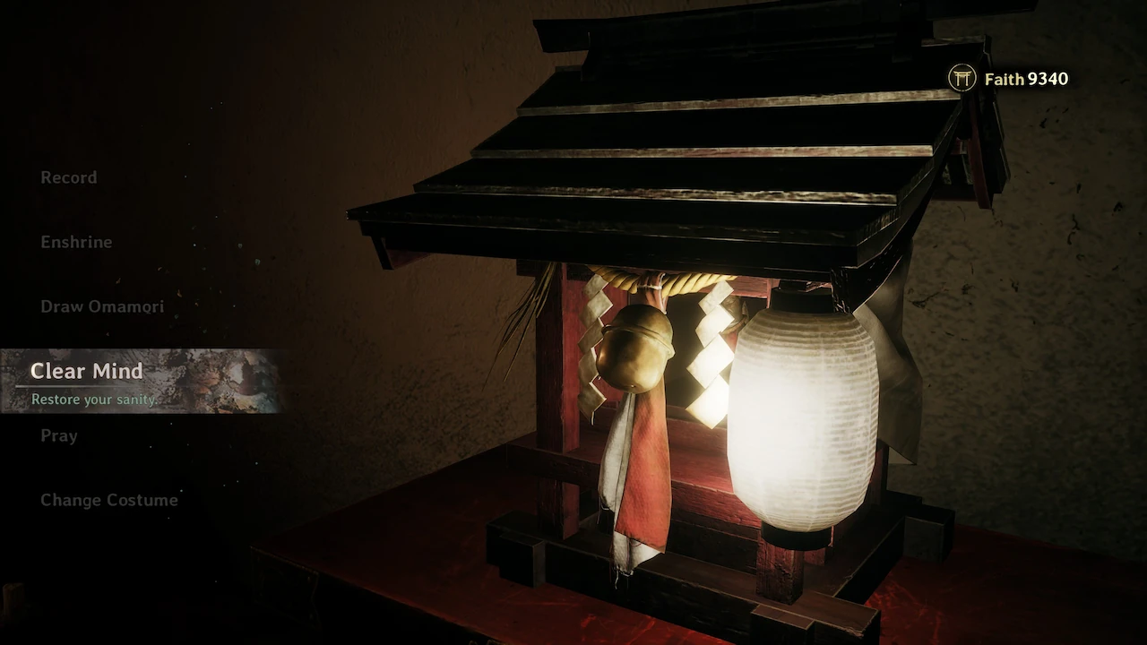 A small Hokora Shrine, lit by a flickering lantern, surrounded by fog.