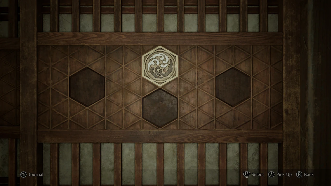 Puzzle interface showing four crests, one inserted and three missing, with Journal, Select, Pick Up, and Back options visible on the UI.