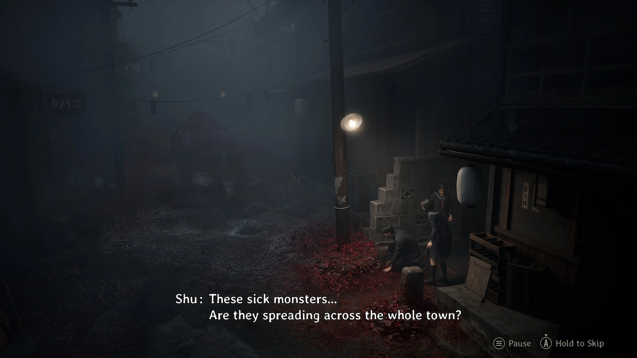Cutscene of Shu in a fog-covered town surrounded by red spider lilies, expressing fear that the monsters are spreading across the town.