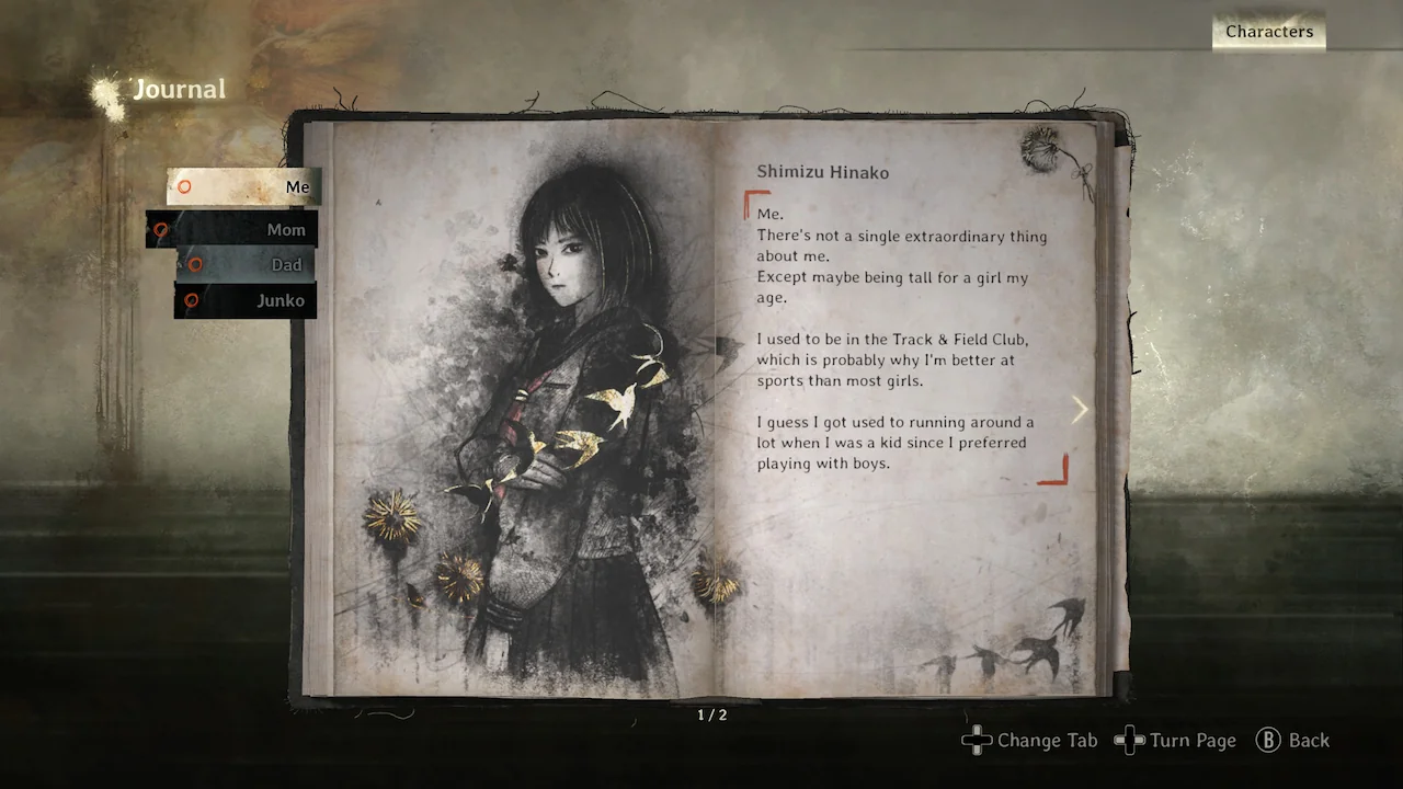 Open journal showing Hinako’s sketches and notes with a description beside her.