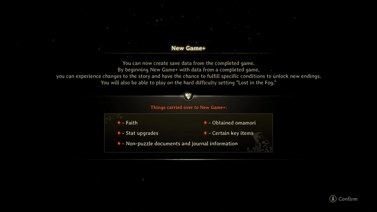 New Game Plus screen showing carryover items like faith, stats, omamori, and notes about story changes, new endings, and the “Lost in the Fog” difficulty.