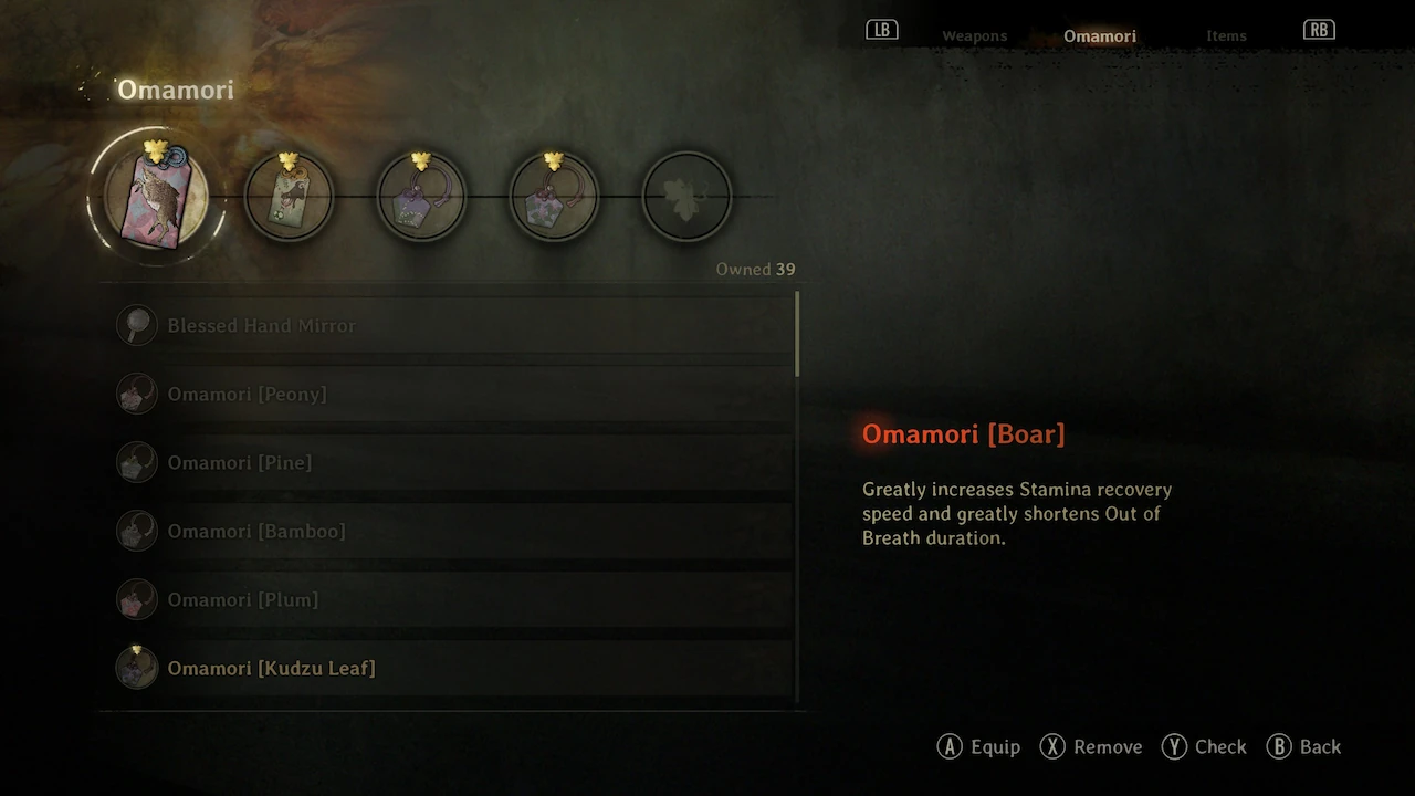 Boar Omamori displayed with its in-game description showing its passive effect.