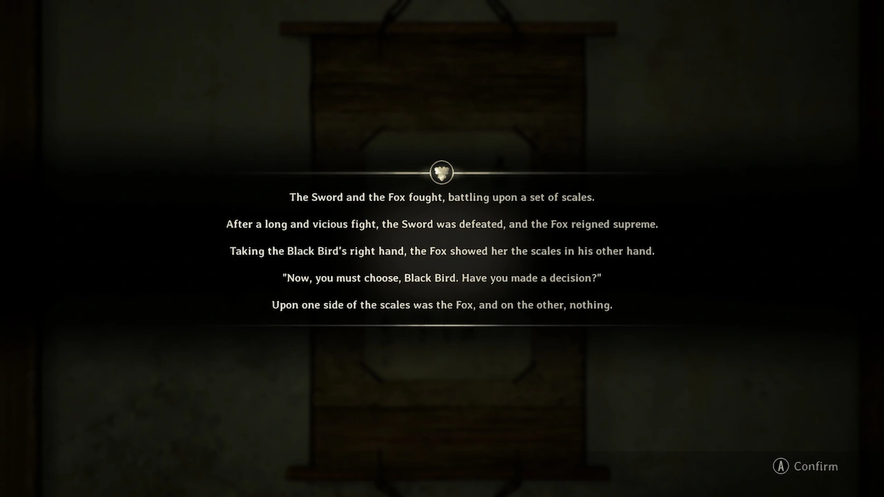 A story-based puzzle clue about the sword and fox on a set of scales, one of several puzzles in Silent Hill f that changes its solution based on the player’s route.
