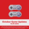Two SNES controllers with text reading “October Games Updates 10.09.2025.”