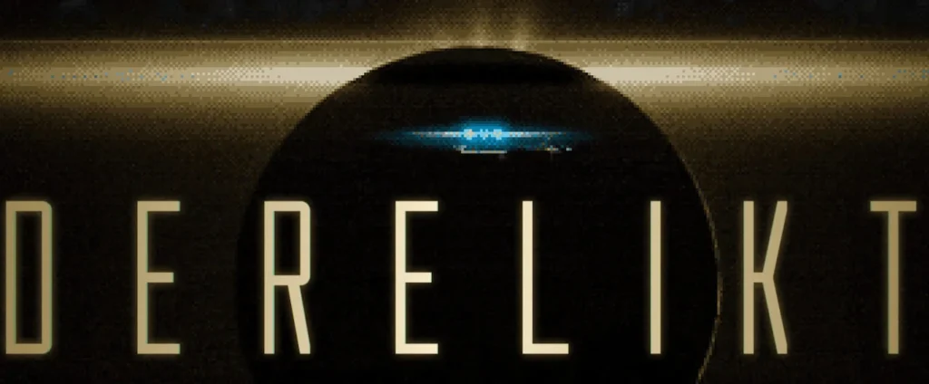Title key art for DERELIKT, a retro PS1-style FPS game with Lovecraftian themes, featuring the game's logo against a dark, cosmic background.