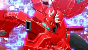 Close-up of the red and white armored Digimon ShineGreymon Burst Mode from the Digimon Story Time Stranger DLC