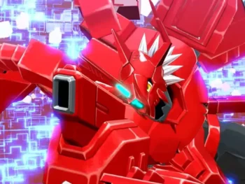 Close-up of the red and white armored Digimon ShineGreymon Burst Mode from the Digimon Story Time Stranger DLC