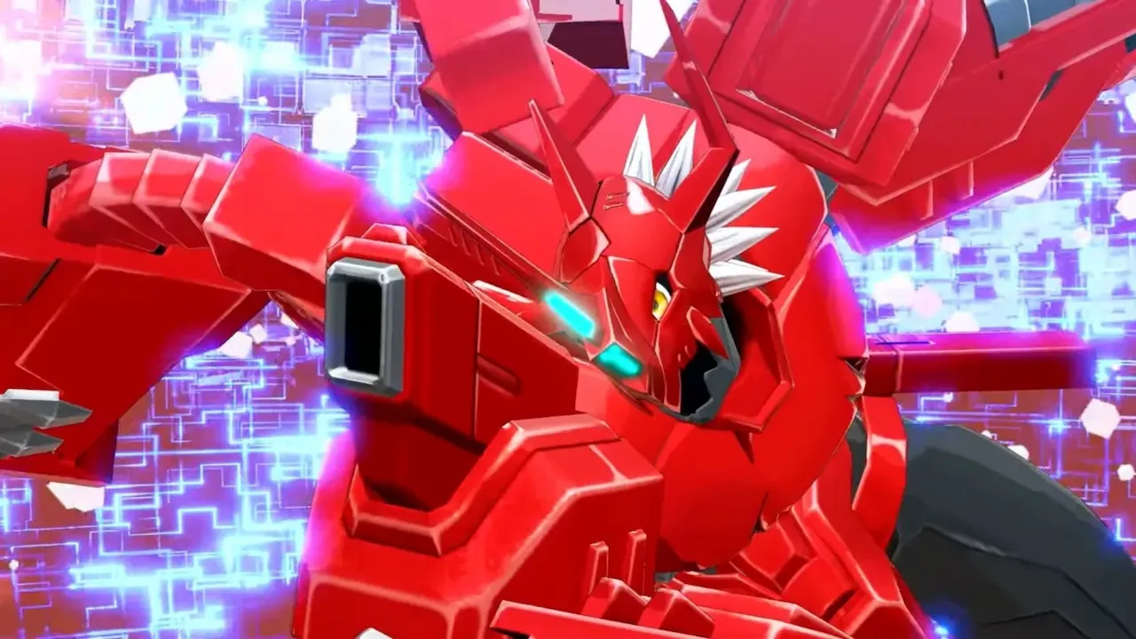 Close-up of the red and white armored Digimon ShineGreymon Burst Mode from the Digimon Story Time Stranger DLC