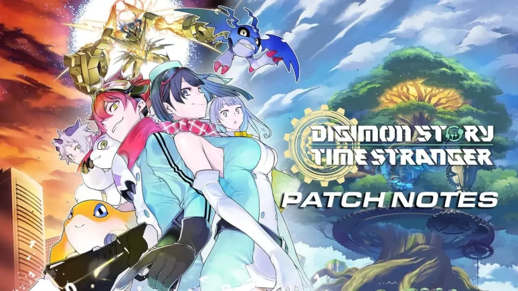 Digimon Story Time Stranger characters with logo and Time Stranger patch notes text