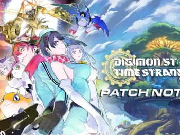 Digimon Story Time Stranger characters with logo and Time Stranger patch notes text