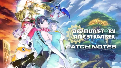 Digimon Story Time Stranger characters with logo and Time Stranger patch notes text